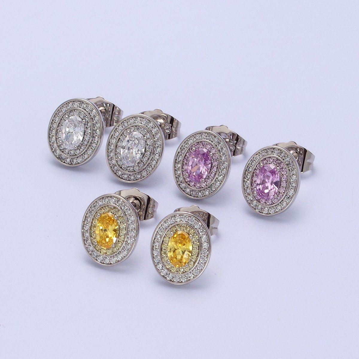 Gold Filled Micro Paved Purple, Clear, Yellow Oval CZ Stud Earrings | Y-295 Y-296 Y-297 - DLUXCA