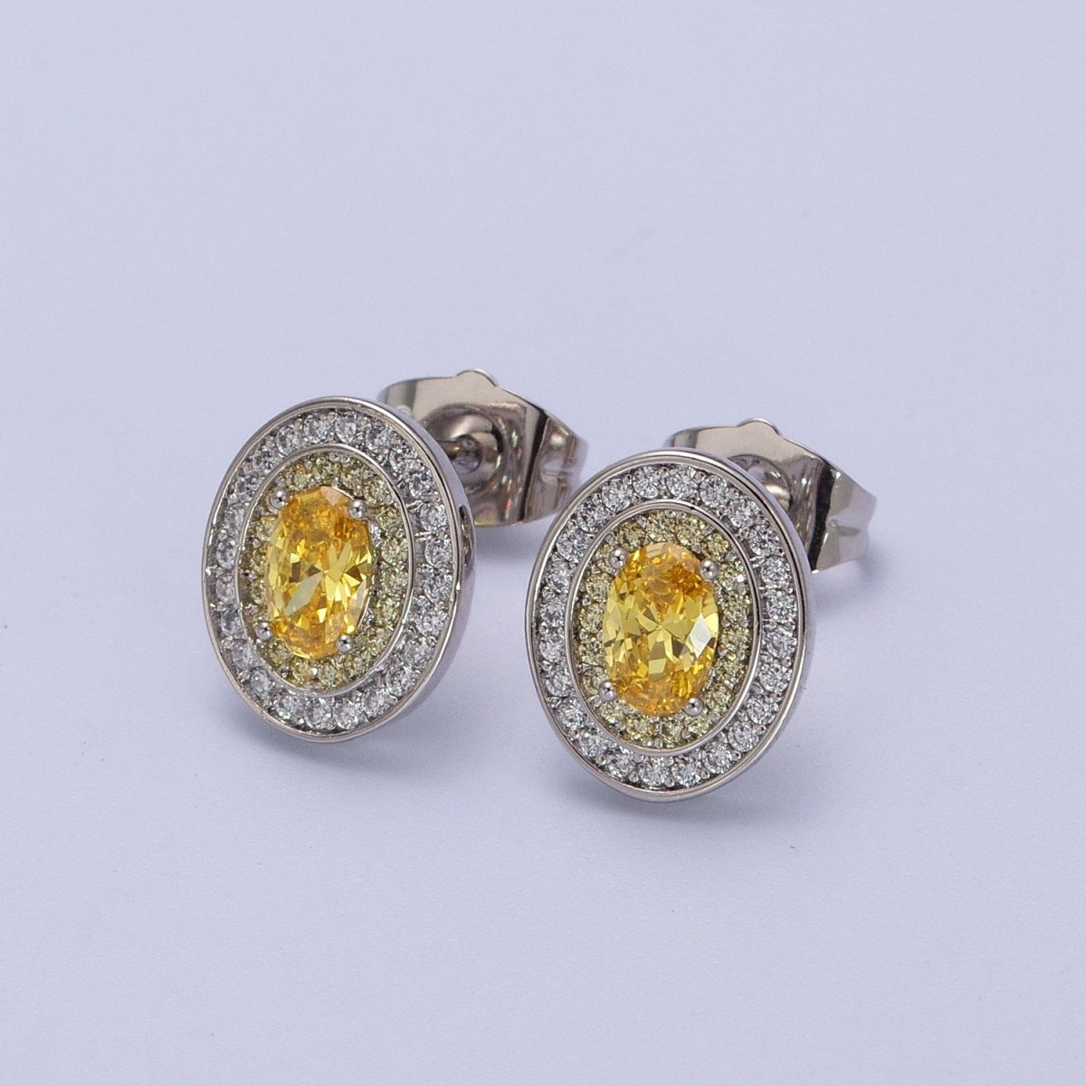 Gold Filled Micro Paved Purple, Clear, Yellow Oval CZ Stud Earrings | Y-295 Y-296 Y-297 - DLUXCA