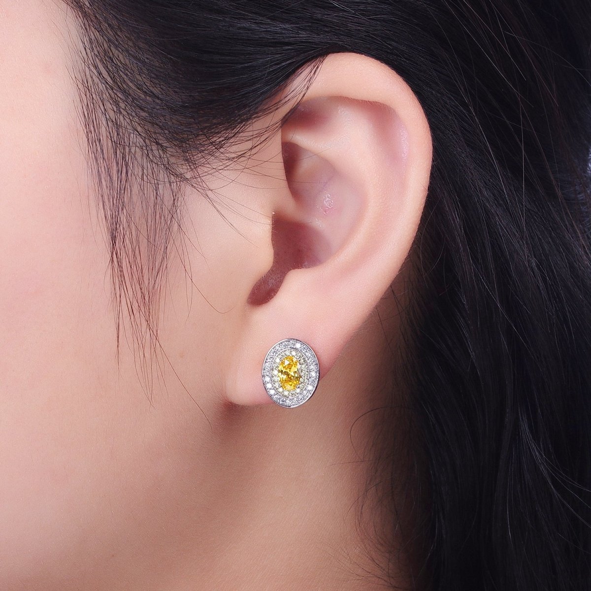 Gold Filled Micro Paved Purple, Clear, Yellow Oval CZ Stud Earrings | Y-295 Y-296 Y-297 - DLUXCA