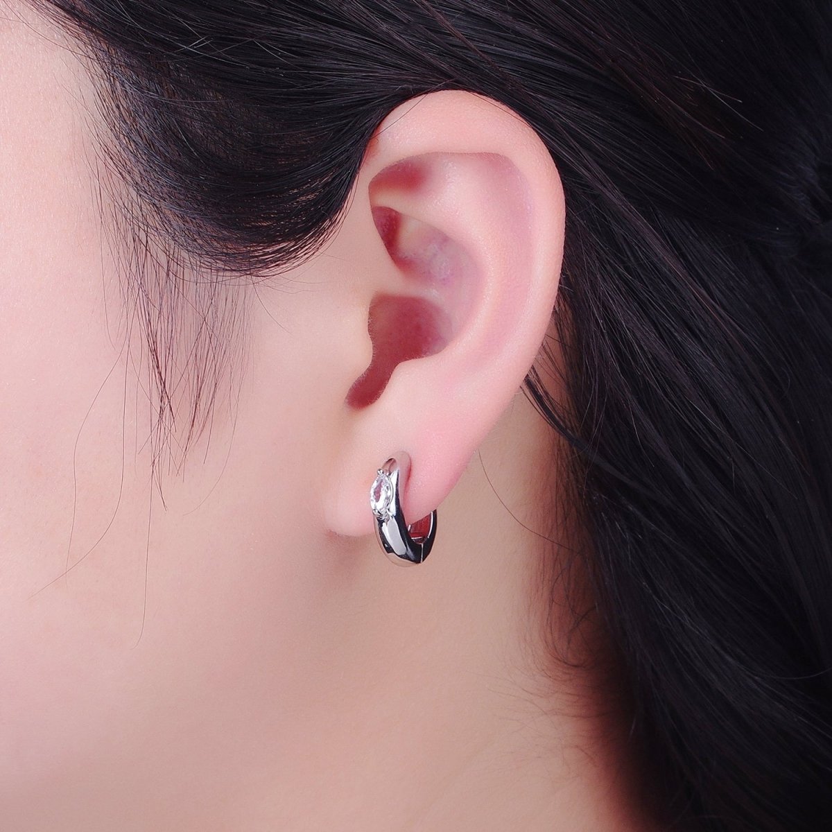 Gold Filled Mini Silver, Gold Round Hoop with Clear Marquise Eye CZ Stone For Minimalist Jewelry | T-405 V-128 - DLUXCA