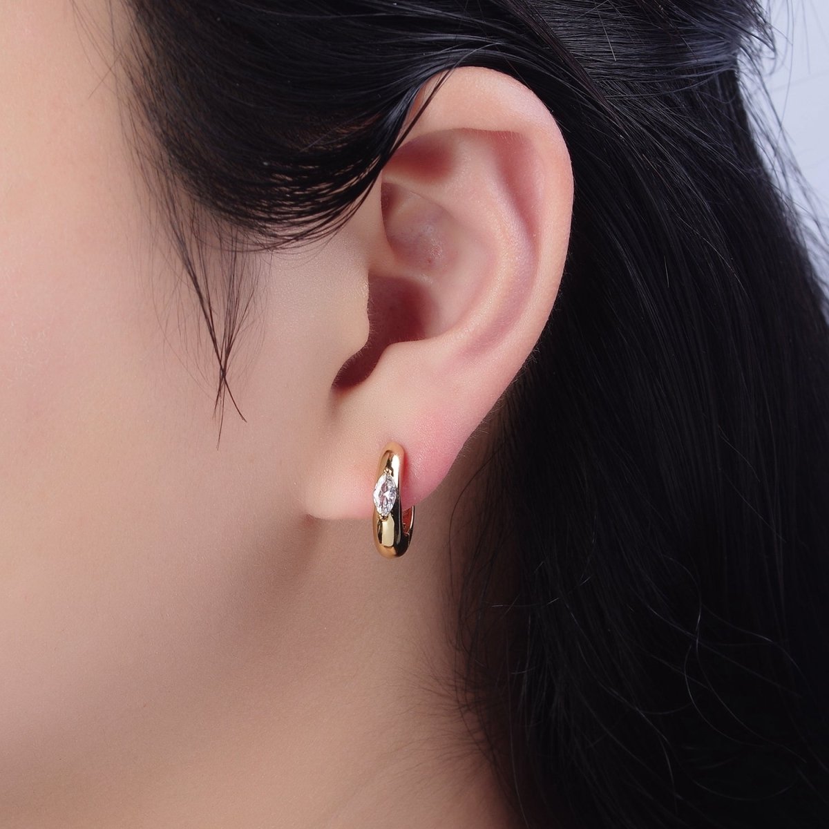 Gold Filled Mini Silver, Gold Round Hoop with Clear Marquise Eye CZ Stone For Minimalist Jewelry | T-405 V-128 - DLUXCA