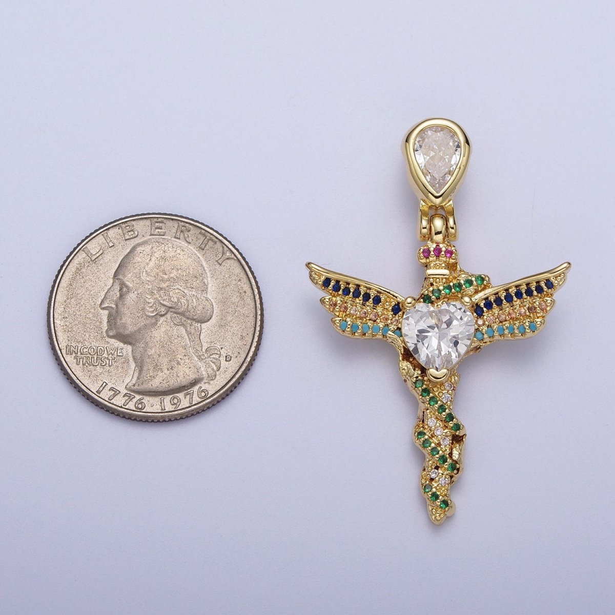 Gold-Filled Multicolor Micro Paved Clear Heart CZ Winged Religious Gold Cross Pendant H-252 - DLUXCA