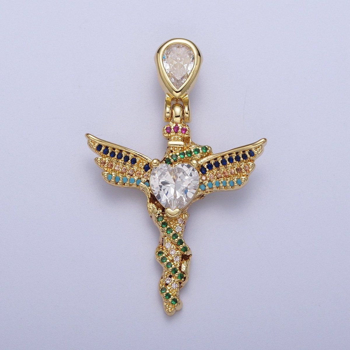 Gold-Filled Multicolor Micro Paved Clear Heart CZ Winged Religious Gold Cross Pendant H-252 - DLUXCA
