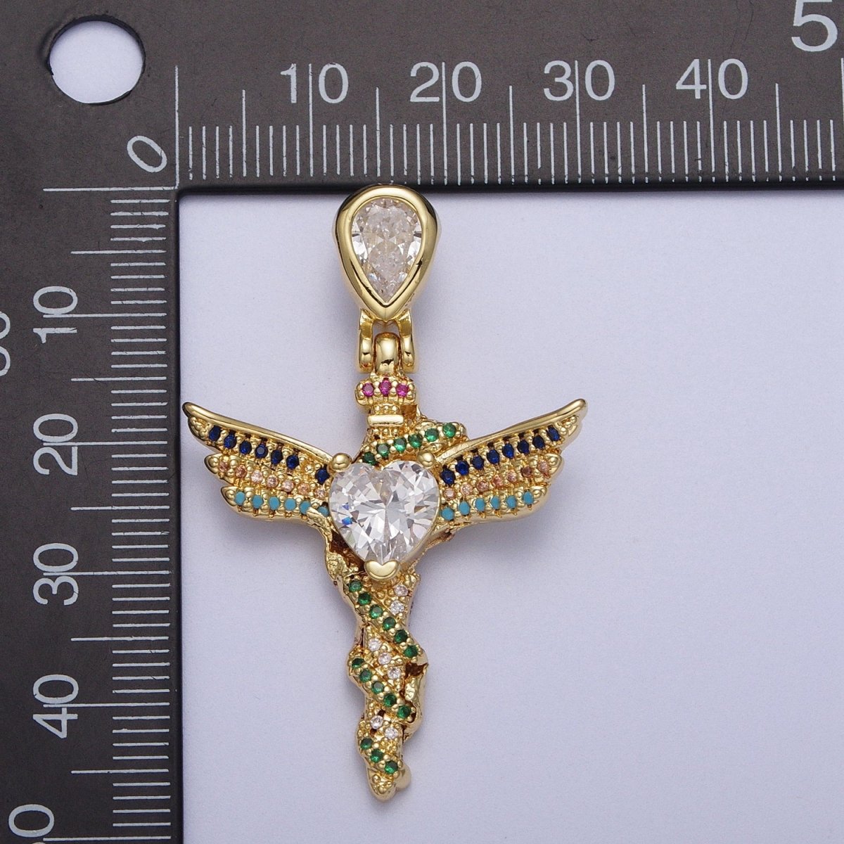 Gold-Filled Multicolor Micro Paved Clear Heart CZ Winged Religious Gold Cross Pendant H-252 - DLUXCA