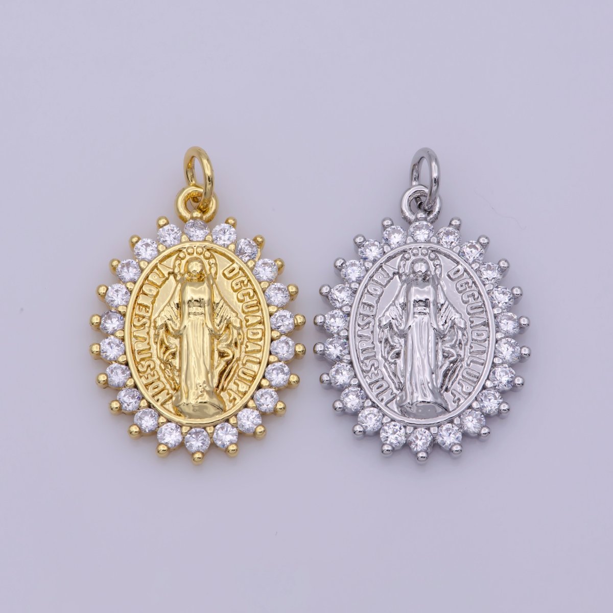 Gold Filled "Nuestra Senora Guadalupe" Miraculous Lady Oval CZ Charm in Gold & Silver | M-486 N-188 - DLUXCA