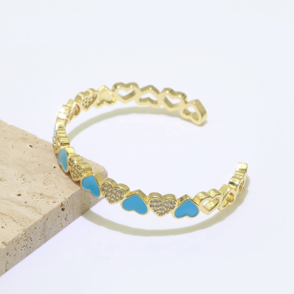 Gold Filled Open Cuff Cubic Zirconia Enamel Heart Bangle Bracelet | WA-153 to WA-162 Clearance Pricing - DLUXCA