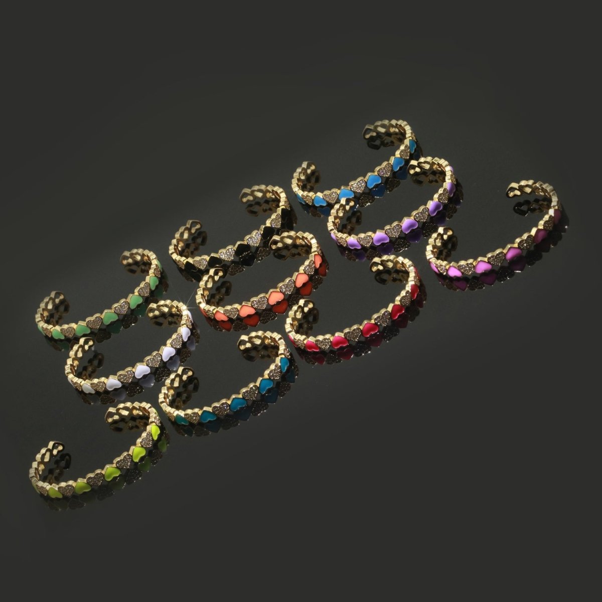 Gold Filled Open Cuff Cubic Zirconia Enamel Heart Bangle Bracelet | WA-153 to WA-162 Clearance Pricing - DLUXCA