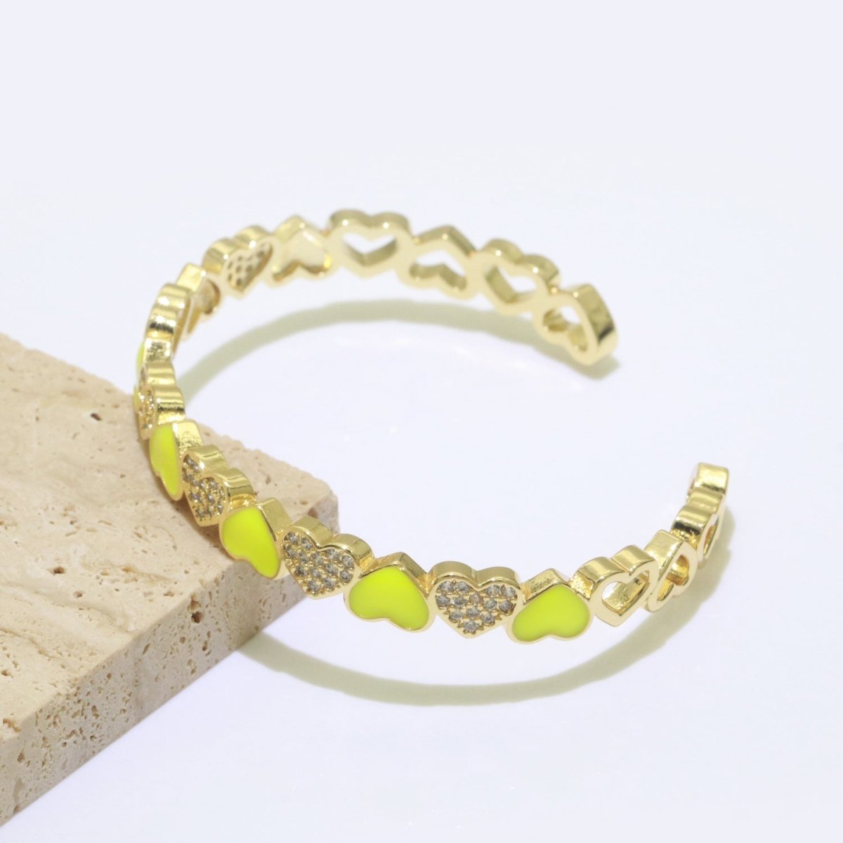 Gold Filled Open Cuff Cubic Zirconia Enamel Heart Bangle Bracelet | WA-153 to WA-162 Clearance Pricing - DLUXCA