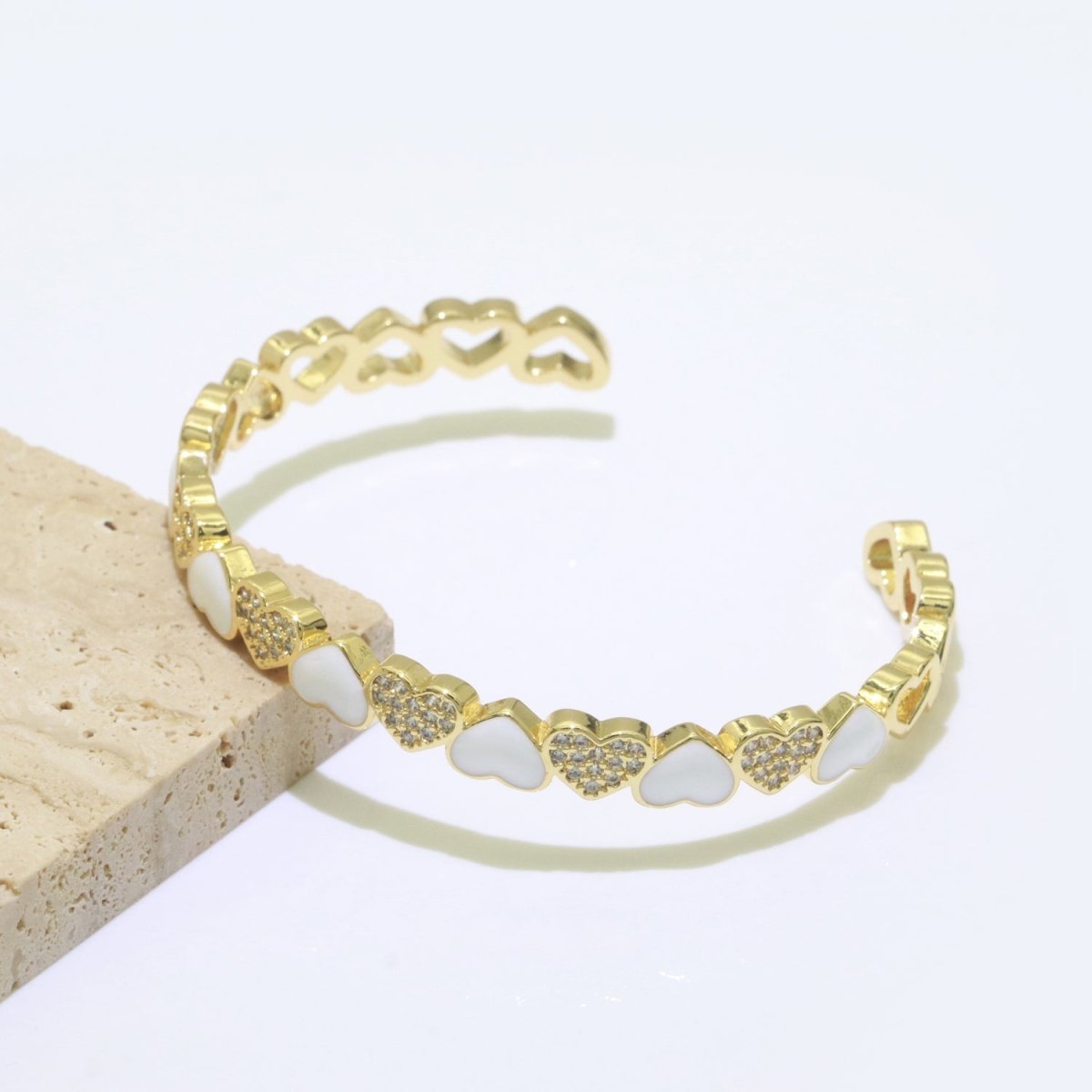 Gold Filled Open Cuff Cubic Zirconia Enamel Heart Bangle Bracelet | WA-153 to WA-162 Clearance Pricing - DLUXCA