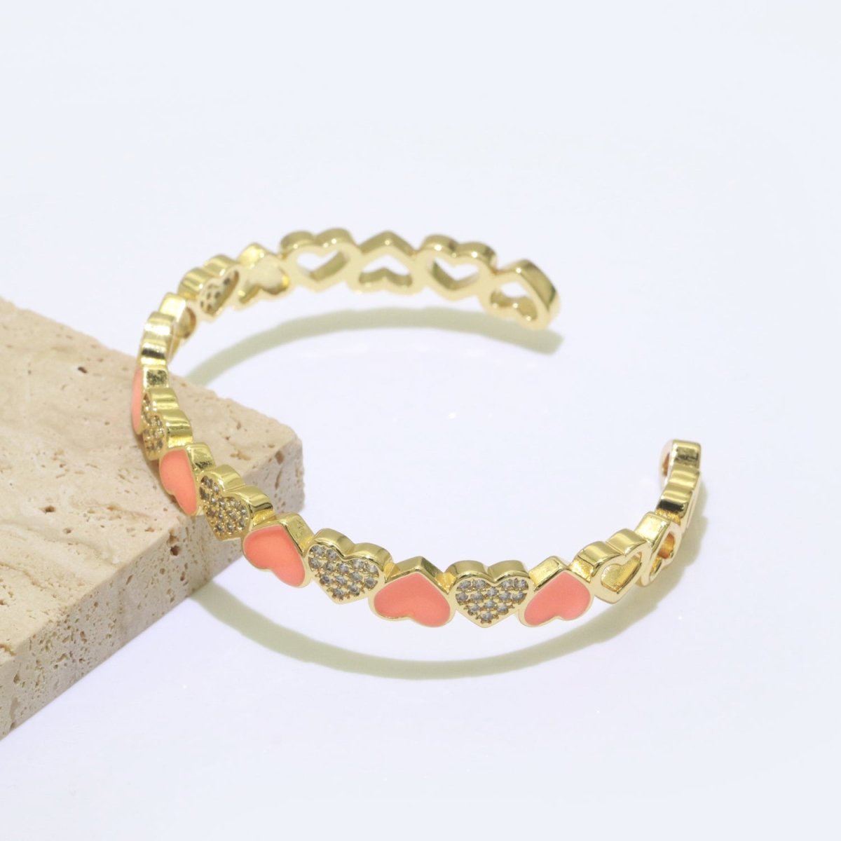 Gold Filled Open Cuff Cubic Zirconia Enamel Heart Bangle Bracelet | WA-153 to WA-162 Clearance Pricing - DLUXCA
