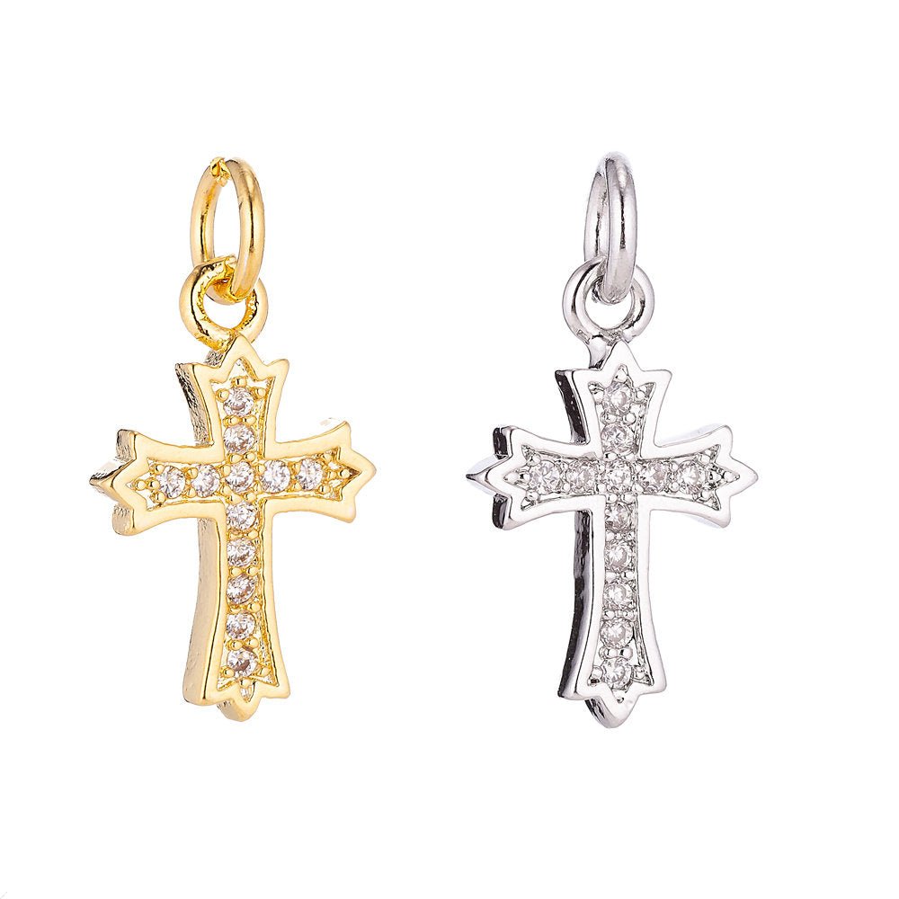 Gold Filled Ornate Cross Catholic Christian Religious Cubic Zirconia Necklace Pendant Bracelet Earring Charm for Jewelry Making C-069 - DLUXCA