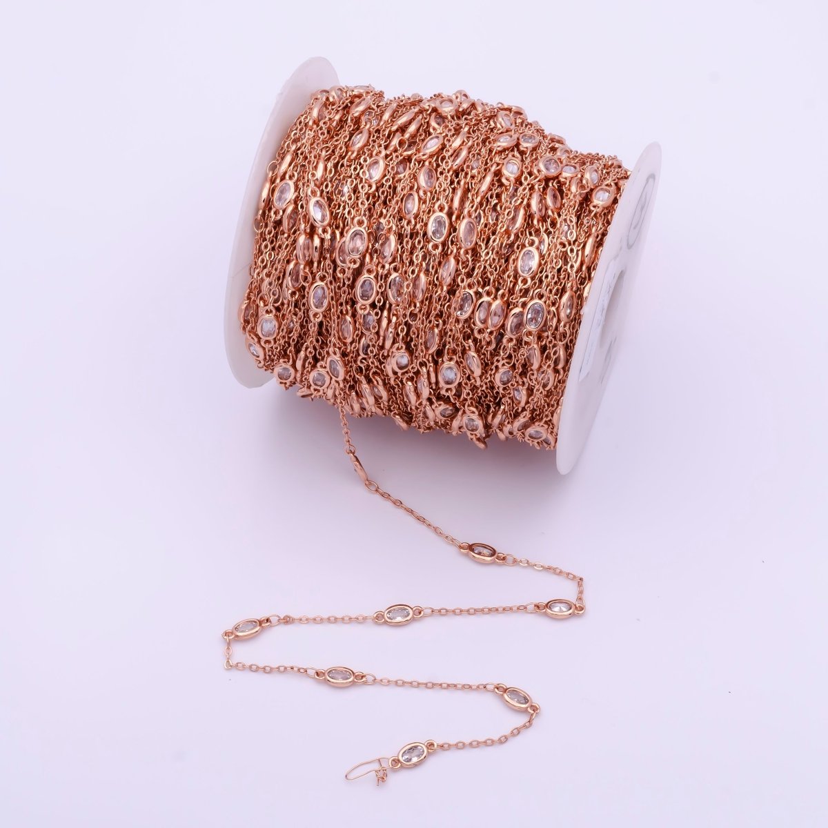 Gold Filled Oval Bezel Clear Cubic Zirconia CZ Unfinished Wholesale Chain by Yard | ROLL-818, ROLL-819, ROLL-820, ROLL-821 - DLUXCA