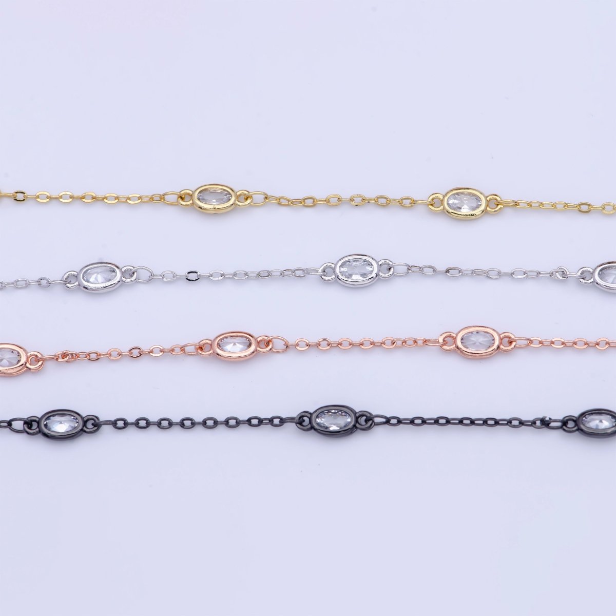 Gold Filled Oval Bezel Clear Cubic Zirconia CZ Unfinished Wholesale Chain by Yard | ROLL-818, ROLL-819, ROLL-820, ROLL-821 - DLUXCA