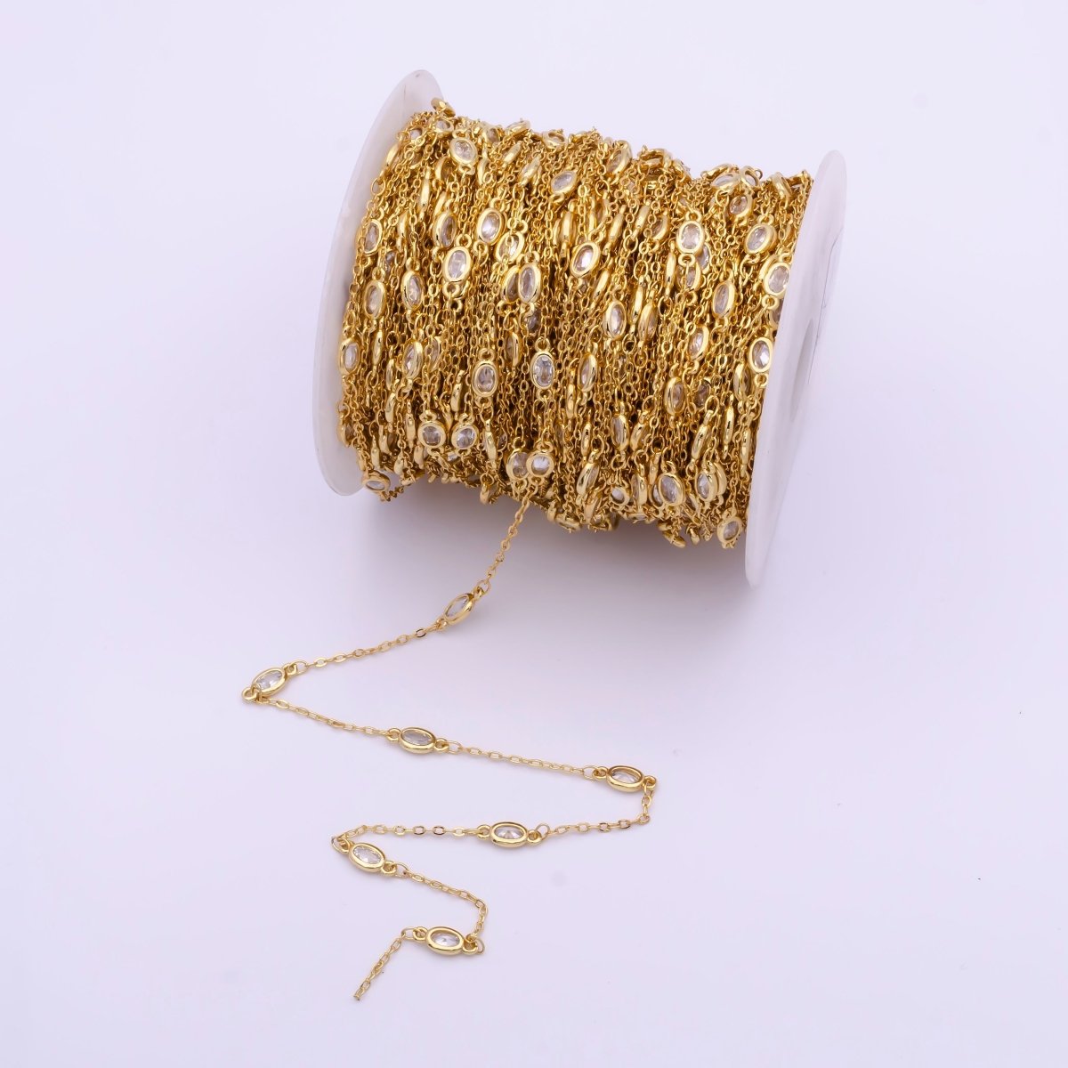 Gold Filled Oval Bezel Clear Cubic Zirconia CZ Unfinished Wholesale Chain by Yard | ROLL-818, ROLL-819, ROLL-820, ROLL-821 - DLUXCA