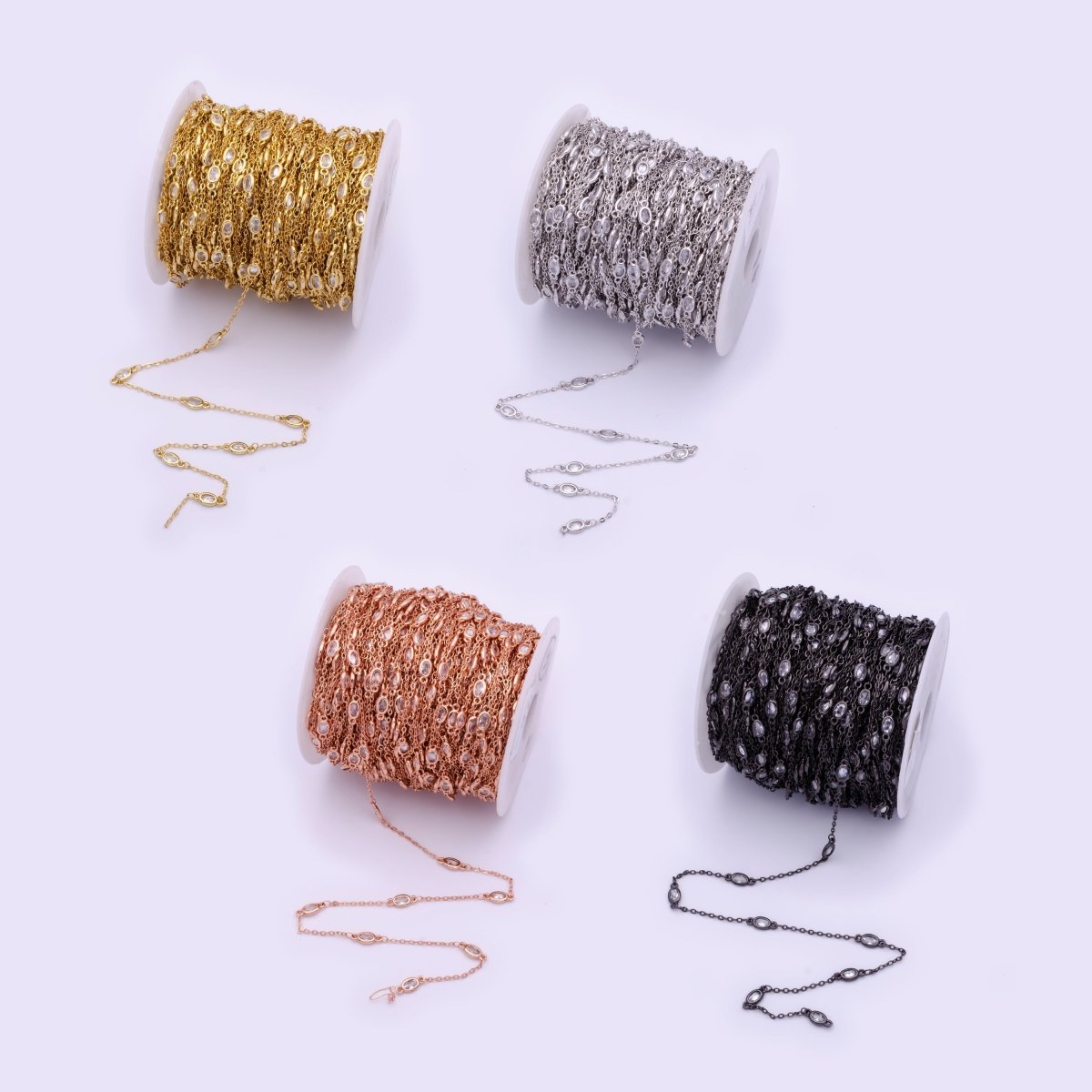 Gold Filled Oval Bezel Clear Cubic Zirconia CZ Unfinished Wholesale Chain by Yard | ROLL-818, ROLL-819, ROLL-820, ROLL-821 - DLUXCA