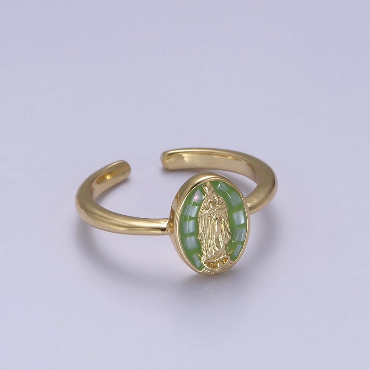 Gold Filled Oval Virgin Mother Mary Shell Opal Ring in Gold & Silver S-397 - S-400, Y-489 - Y-494 - DLUXCA