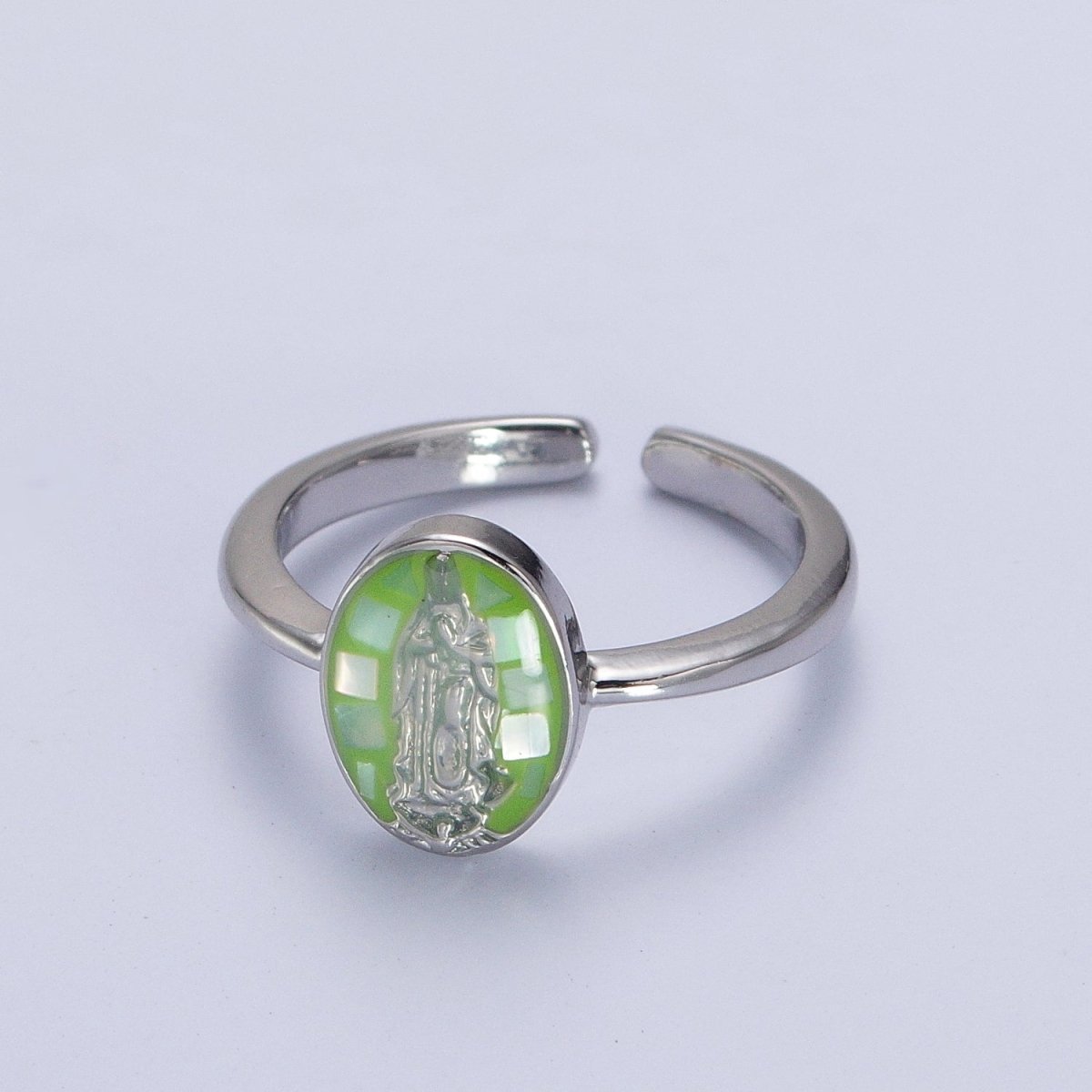 Gold Filled Oval Virgin Mother Mary Shell Opal Ring in Gold & Silver S-397 - S-400, Y-489 - Y-494 - DLUXCA