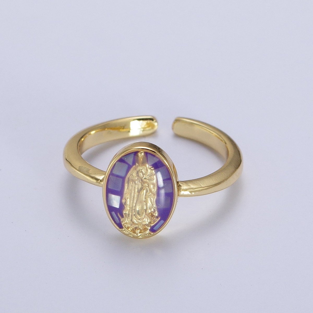 Gold Filled Oval Virgin Mother Mary Shell Opal Ring in Gold & Silver S-397 - S-400, Y-489 - Y-494 - DLUXCA
