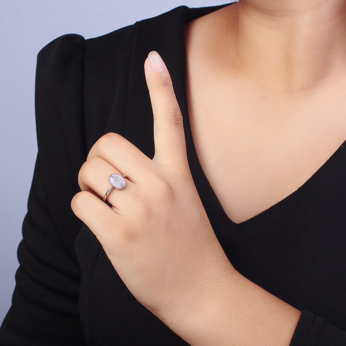 Gold Filled Oval Virgin Mother Mary Shell Opal Ring in Gold & Silver S-397 - S-400, Y-489 - Y-494 - DLUXCA