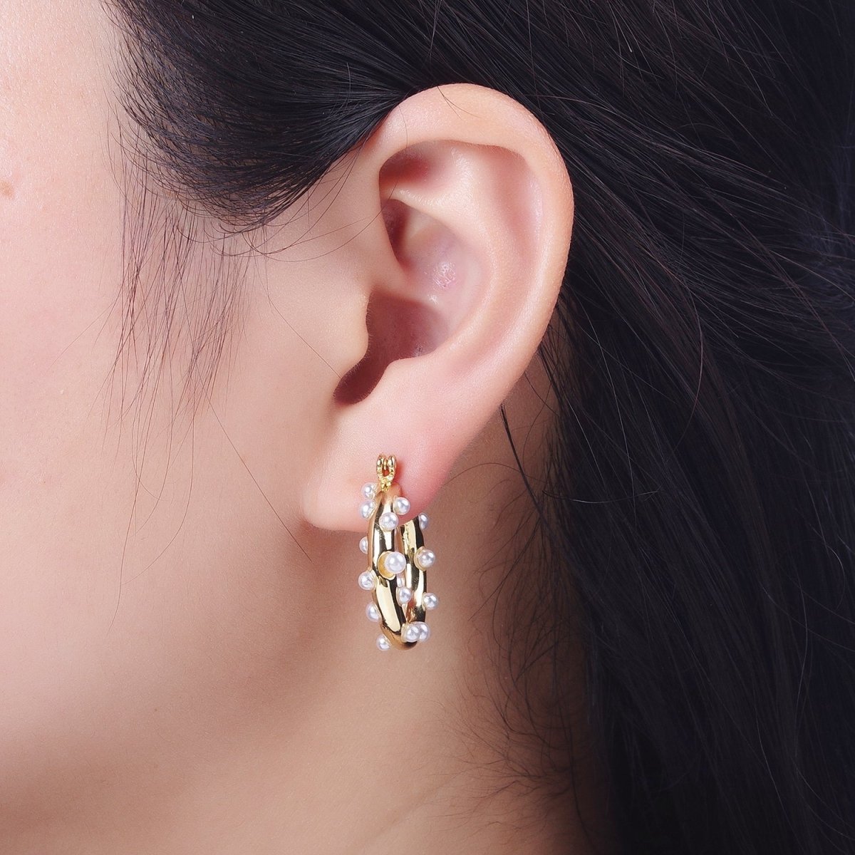 Gold Filled Pearl Dotted 25mm Hoop Latch Earrings In Gold & Silver | AB190 AB191 - DLUXCA