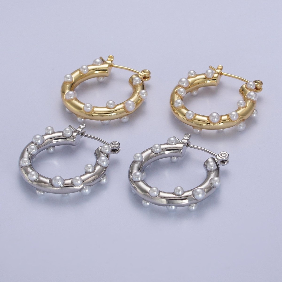 Gold Filled Pearl Dotted 25mm Hoop Latch Earrings In Gold & Silver | AB190 AB191 - DLUXCA