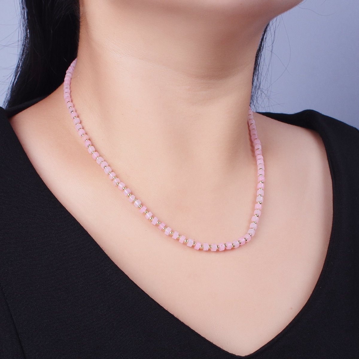 Gold Filled Pink Rose Quartz Rondelle Heishi Gemstone Gold Spacer Beads 15.5 Inch Choker Necklace | WA-1430 Clearance Pricing - DLUXCA