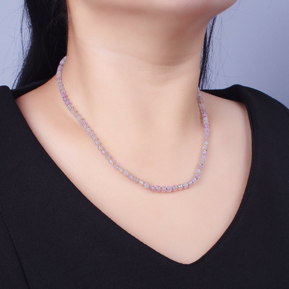 Gold Filled Purple Amethyst Rondelle Heishi Gemstone Gold Spacer Beads 15.5 Inch Choker Necklace | WA-1429 Clearance Pricing - DLUXCA