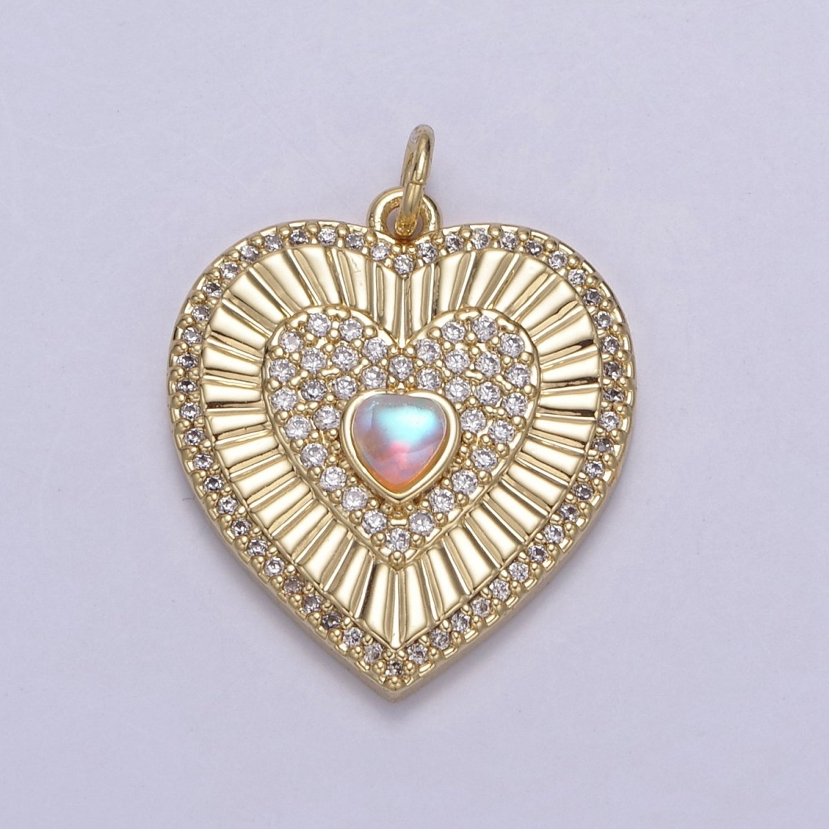 Gold Filled Radial Heart Charm Necklace, Rainbow Moonstone Sunburst Gold Pendant, Dainty Heart Love Valentine Gift Necklace Supply N-689 N-765 - DLUXCA