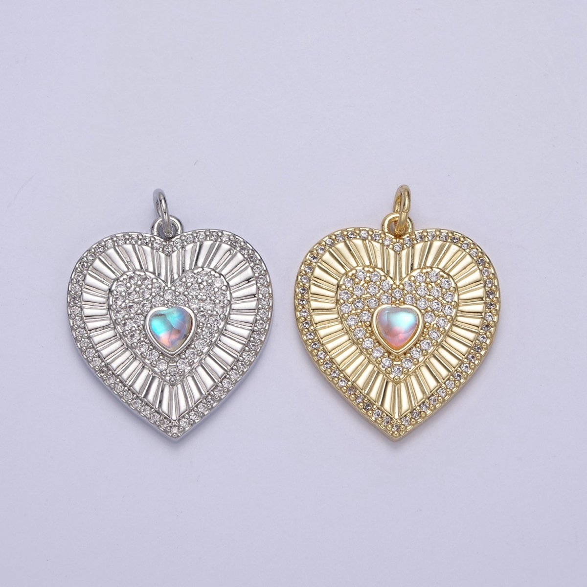 Gold Filled Radial Heart Charm Necklace, Rainbow Moonstone Sunburst Gold Pendant, Dainty Heart Love Valentine Gift Necklace Supply N-689 N-765 - DLUXCA