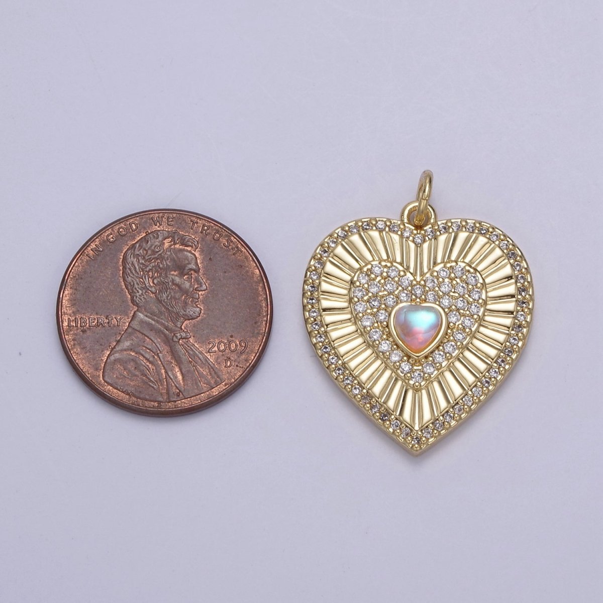 Gold Filled Radial Heart Charm Necklace, Rainbow Moonstone Sunburst Gold Pendant, Dainty Heart Love Valentine Gift Necklace Supply N-689 N-765 - DLUXCA