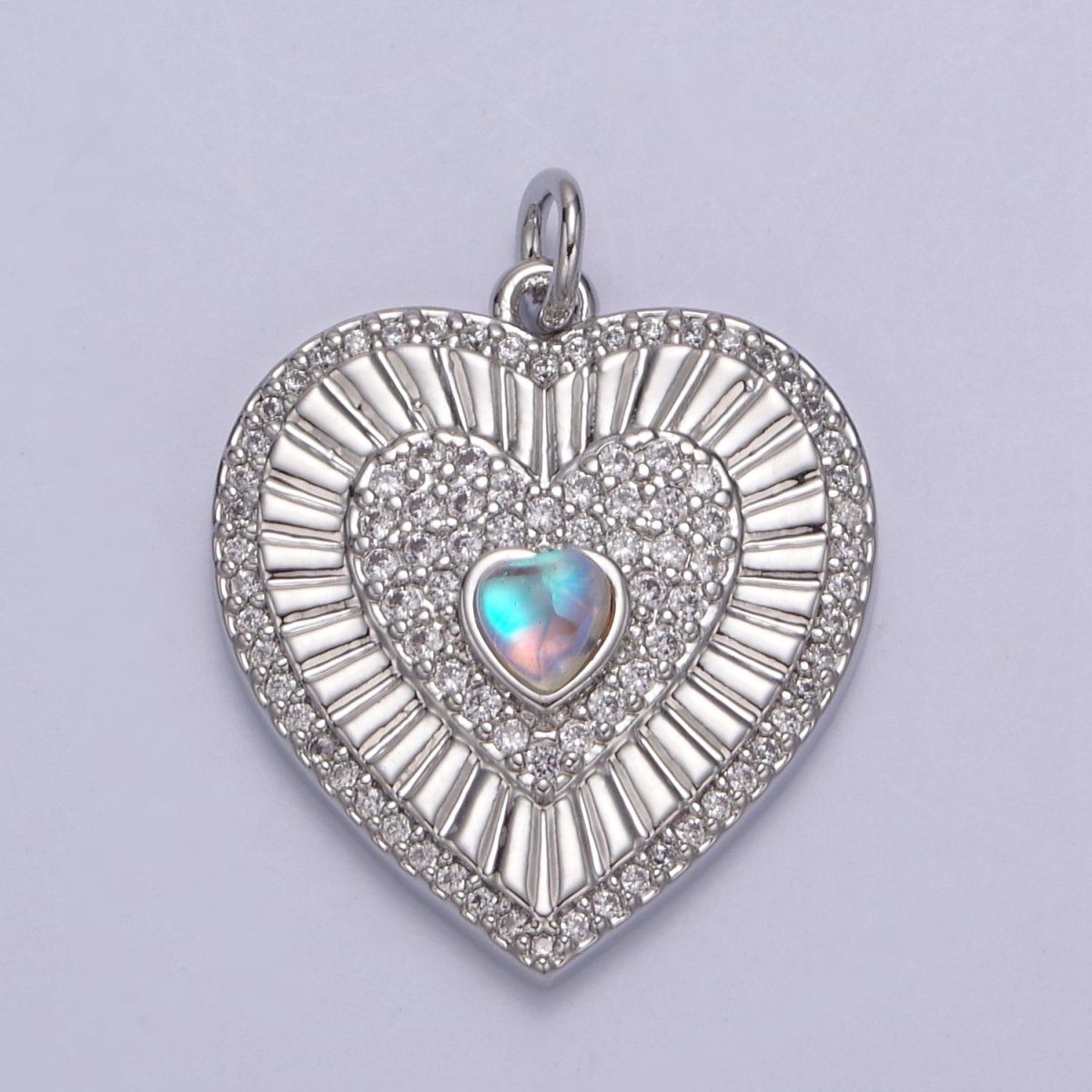 Gold Filled Radial Heart Charm Necklace, Rainbow Moonstone Sunburst Gold Pendant, Dainty Heart Love Valentine Gift Necklace Supply N-689 N-765 - DLUXCA