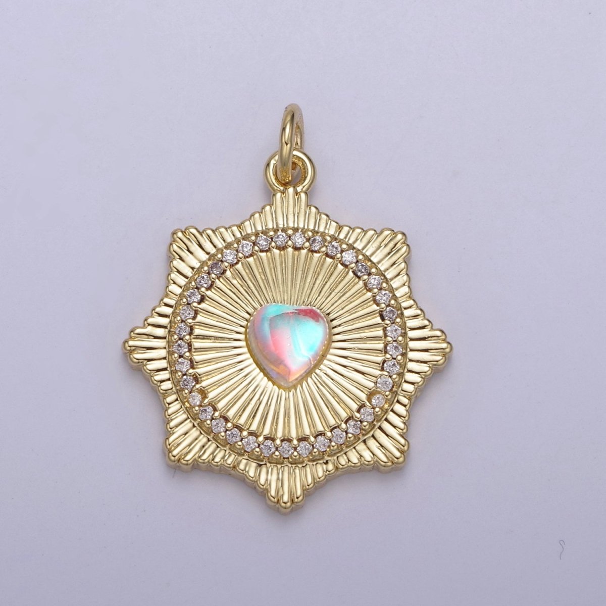 Gold Filled Radial Sun Burst Charm Necklace, Rainbow Moonstone Sunburst Gold Pendant, Dainty Celestial Jewelry Gift Necklace Supply N-693 N-694 - DLUXCA