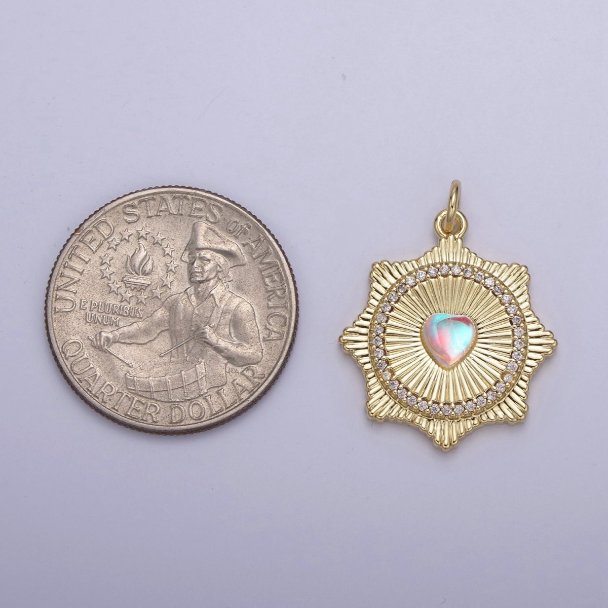 Gold Filled Radial Sun Burst Charm Necklace, Rainbow Moonstone Sunburst Gold Pendant, Dainty Celestial Jewelry Gift Necklace Supply N-693 N-694 - DLUXCA