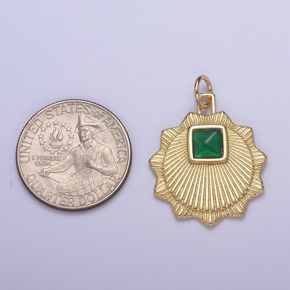 Gold Filled Radial Sun Charm Necklace, Emerald Green Sunburst Gold Celestial Pendant, Dainty Medallion Necklace Supply N-396 - DLUXCA