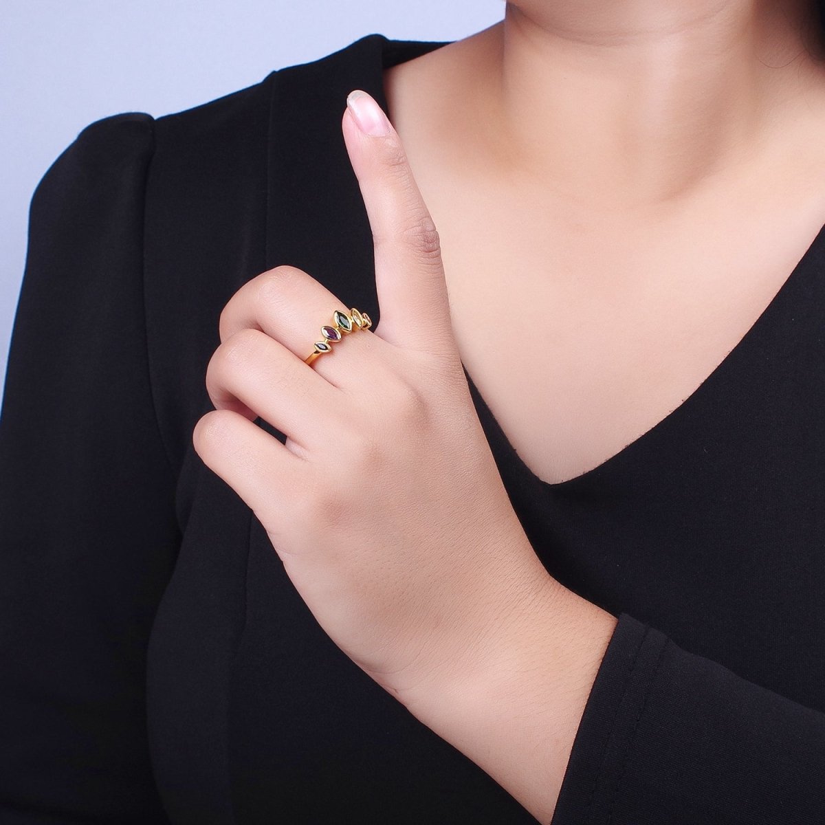 Gold Filled Rainbow Multicolor Marquise CZ Adjustable Ring | Y-454 - DLUXCA