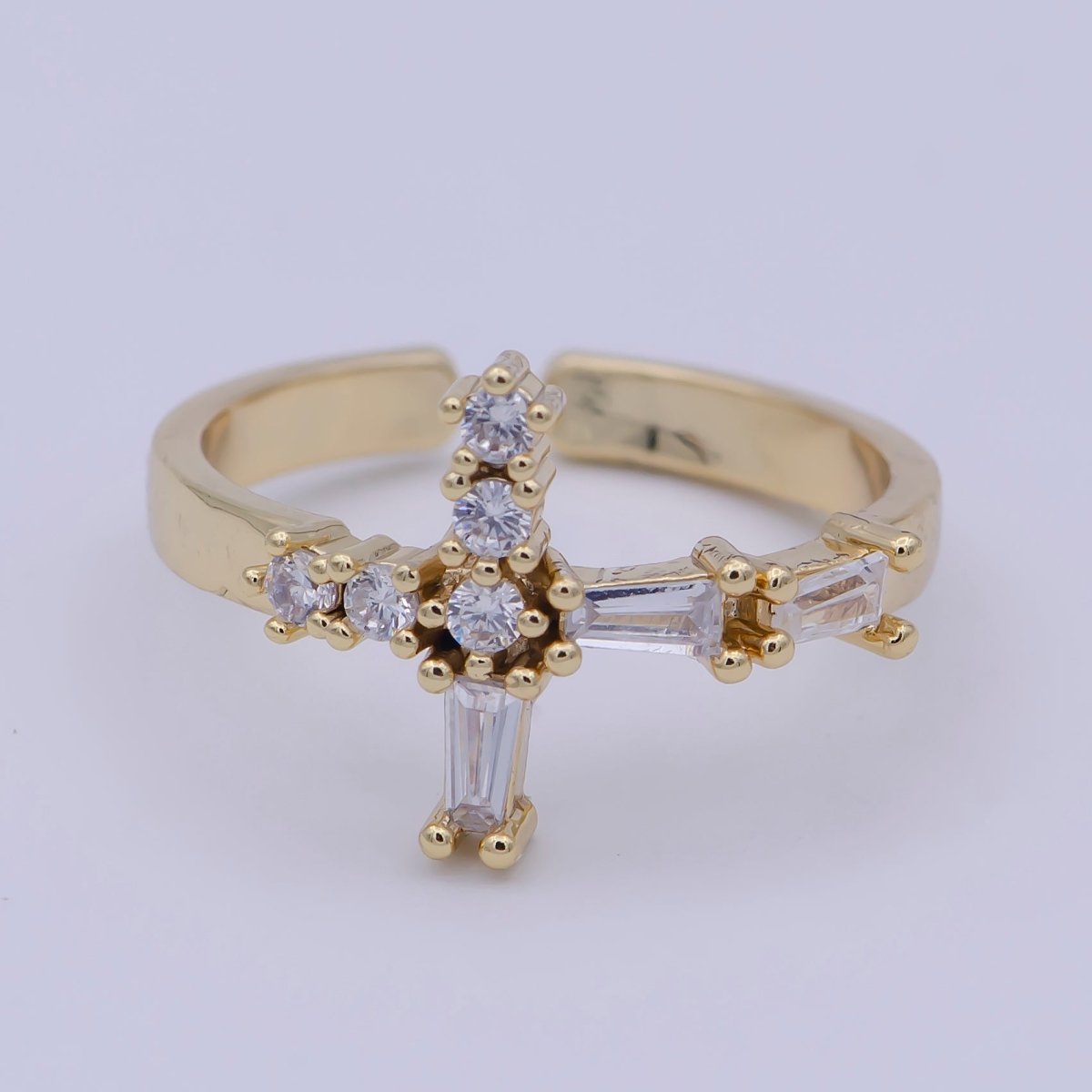 Gold Filled Religious Catholic Christian Cross Open, Adjustable Ring with Crystal Zirconia CZ in 24K/14K Gold | U-381 U-427 - DLUXCA