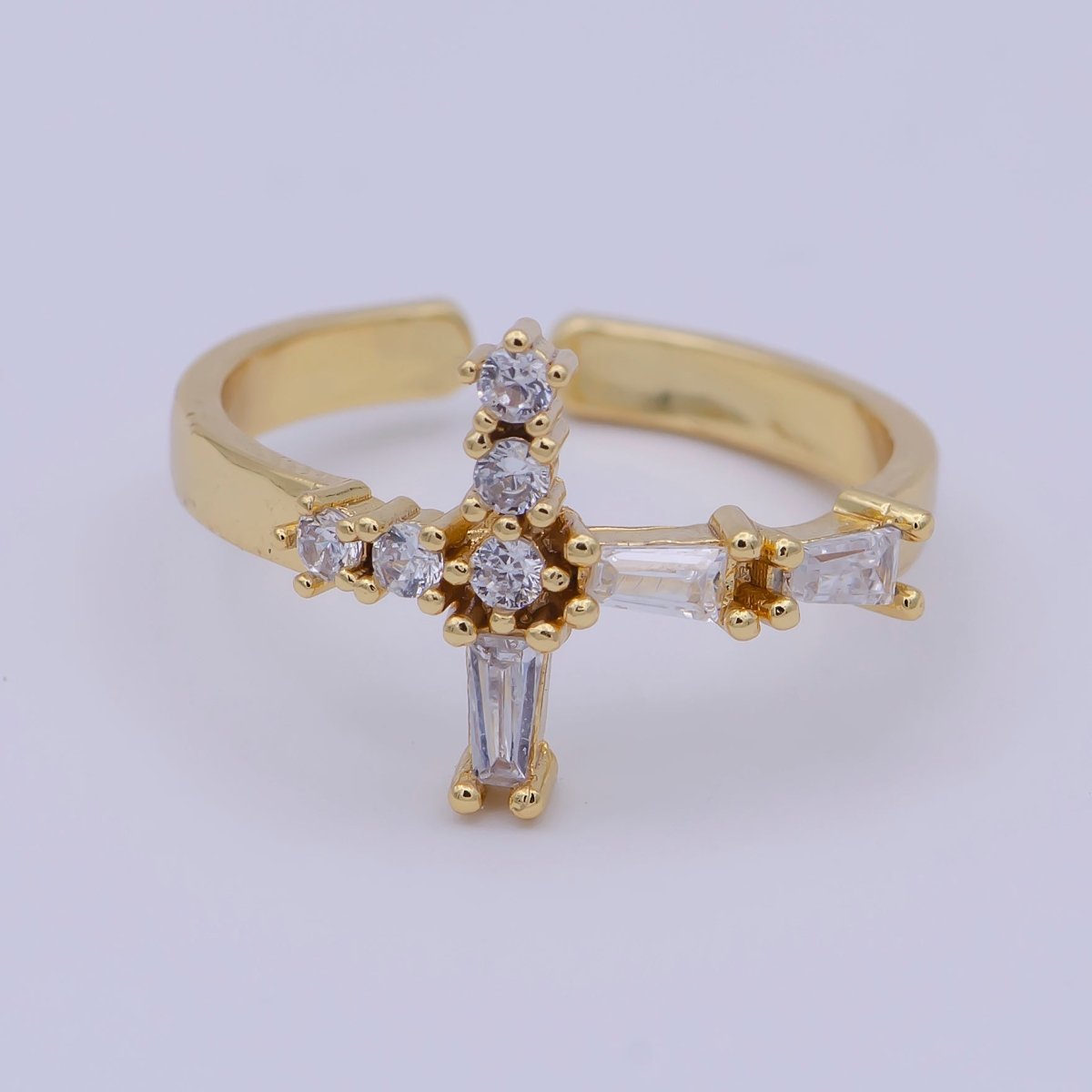 Gold Filled Religious Catholic Christian Cross Open, Adjustable Ring with Crystal Zirconia CZ in 24K/14K Gold | U-381 U-427 - DLUXCA