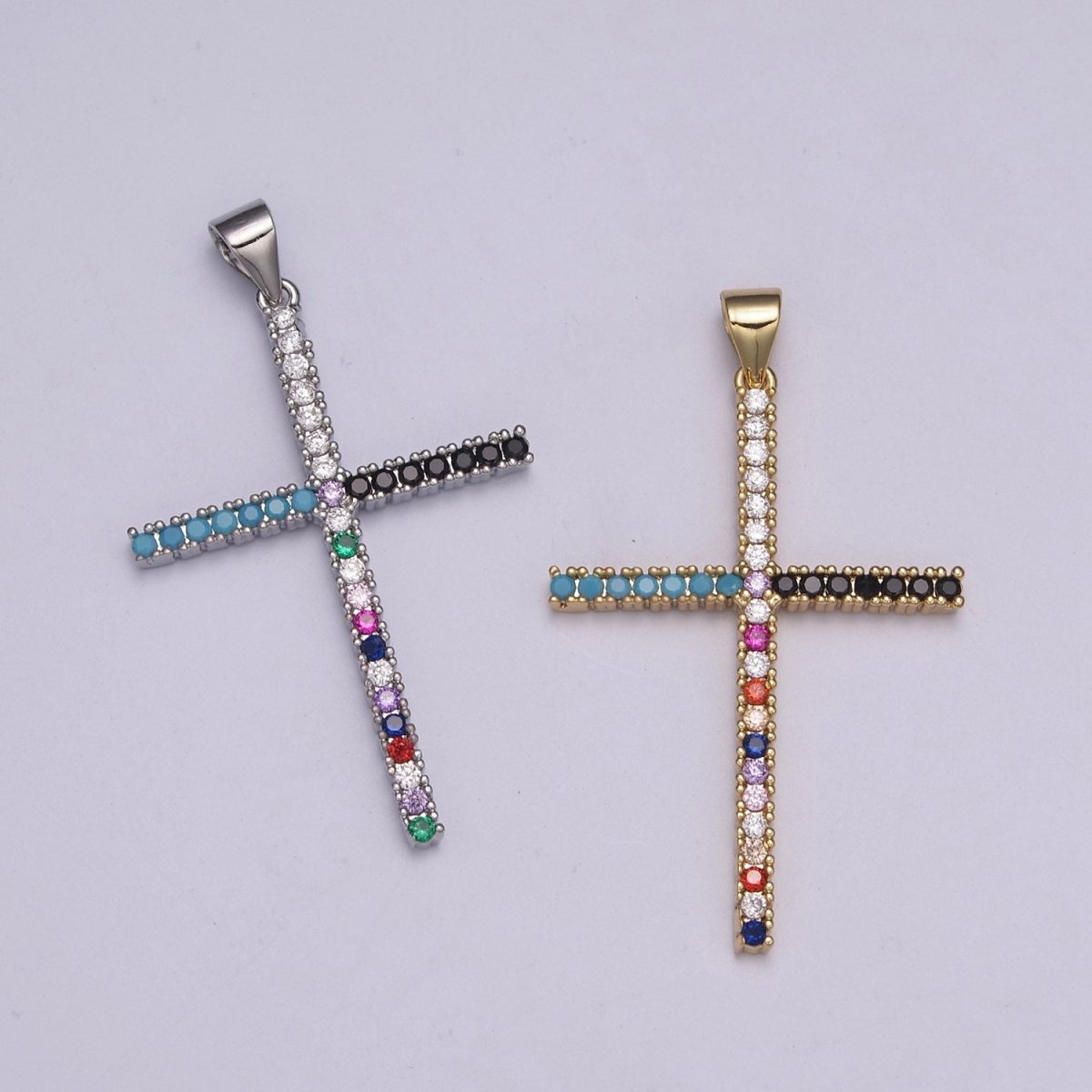 Gold-Filled Religious Cross Turquoise Multicolor CZ Micro Paved Pendant in Gold & Silver N-515 N-516 - DLUXCA