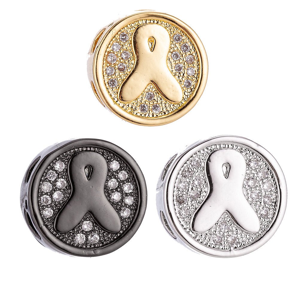 Gold Filled Round Micro Paved CZ Breast Cancer Awareness Ribbon Bead | B-028 - DLUXCA