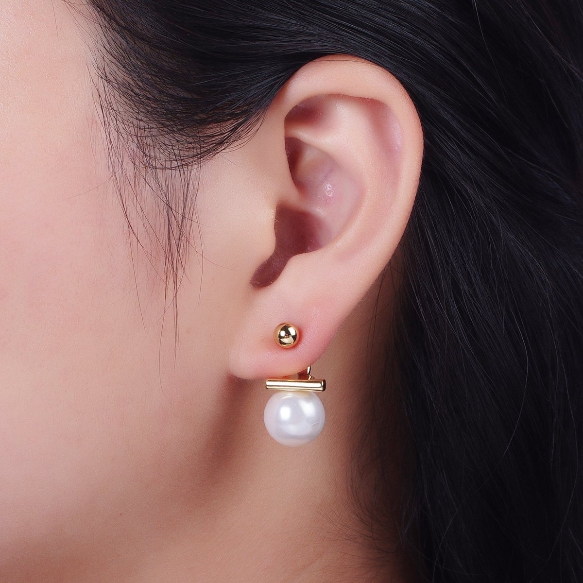 Gold Filled Round Shell Pearl Ear Jacket Back Drop Earrings in Gold & Silver | Y-262 Y-263 - DLUXCA