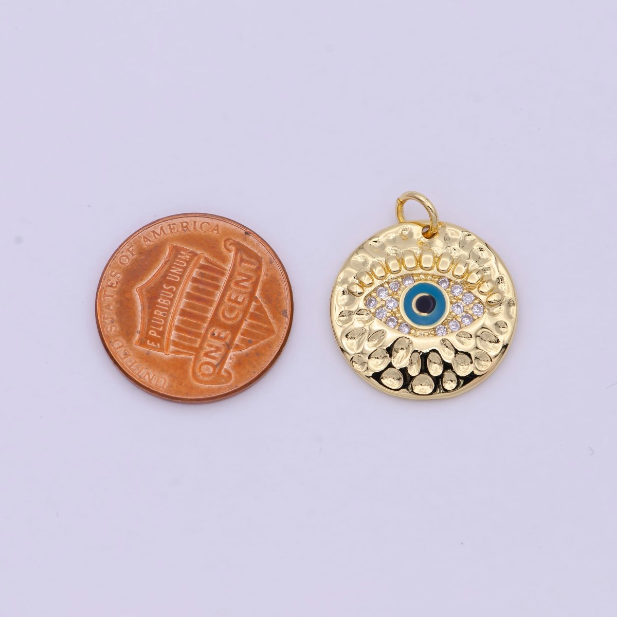 Gold Filled Rustic Hammered Micro Paved CZ Evil Eye Protection Amulet Round Charm in Gold & Silver N-241 N-242 - DLUXCA