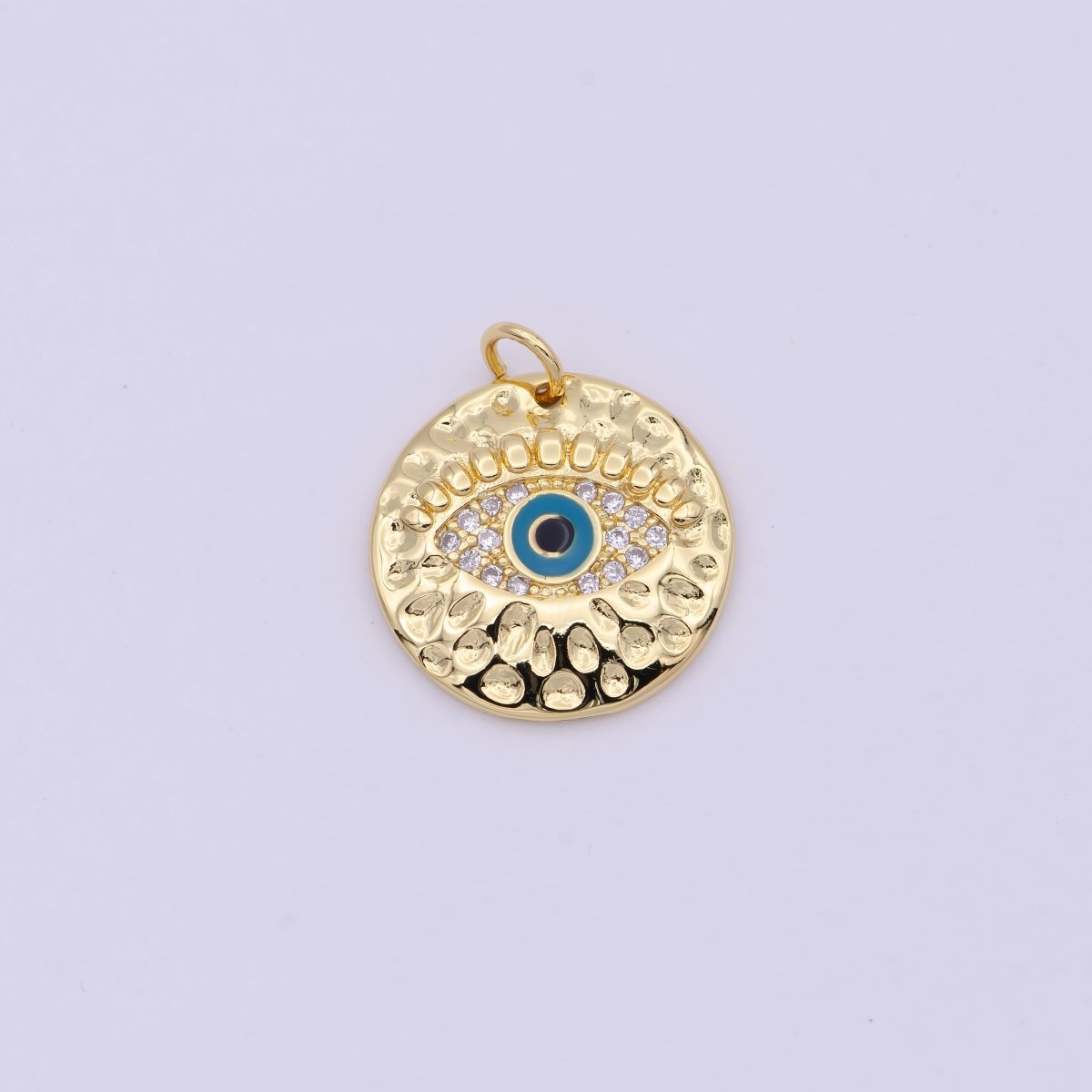 Gold Filled Rustic Hammered Micro Paved CZ Evil Eye Protection Amulet Round Charm in Gold & Silver N-241 N-242 - DLUXCA