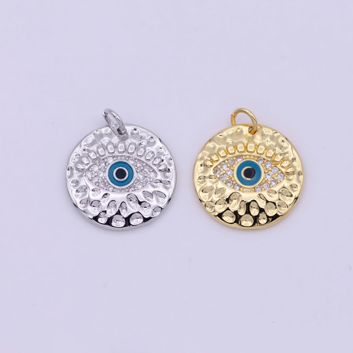 Gold Filled Rustic Hammered Micro Paved CZ Evil Eye Protection Amulet Round Charm in Gold & Silver N-241 N-242 - DLUXCA