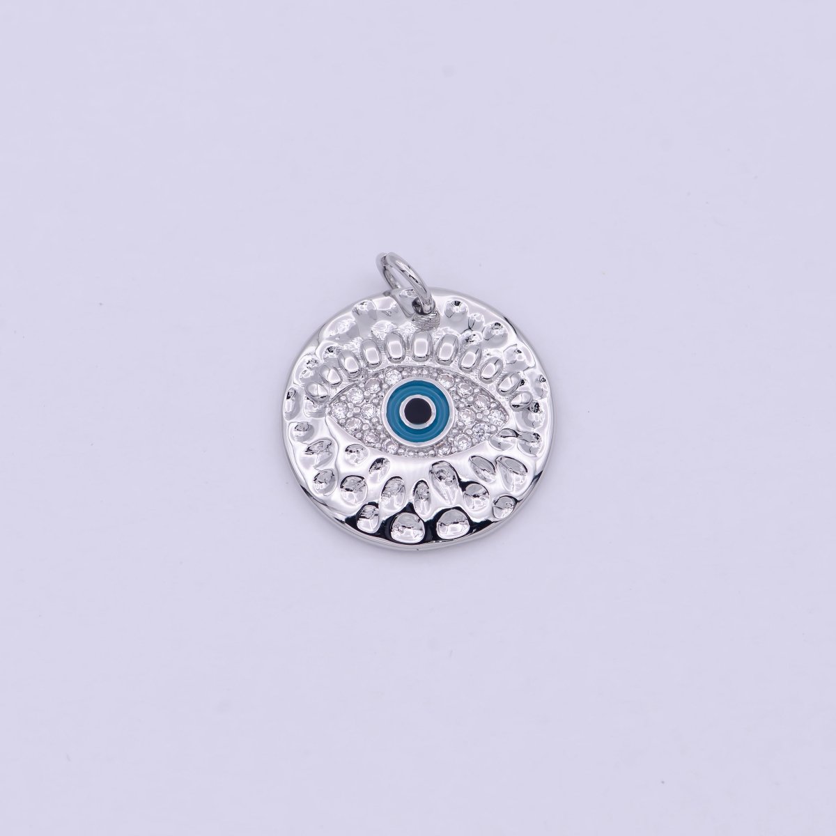 Gold Filled Rustic Hammered Micro Paved CZ Evil Eye Protection Amulet Round Charm in Gold & Silver N-241 N-242 - DLUXCA