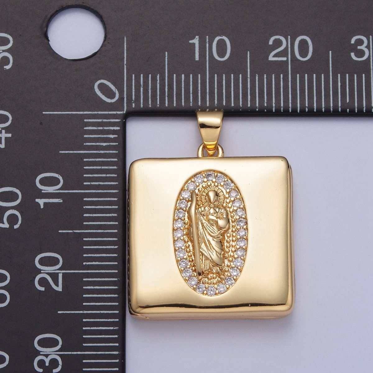 Gold Filled Saint Benedict / Virgin Mary Locket Square Tag Pendant, Micro Pave Clear Cubic Zirconia CZ Religious Jewelry H-088 H-089 - DLUXCA