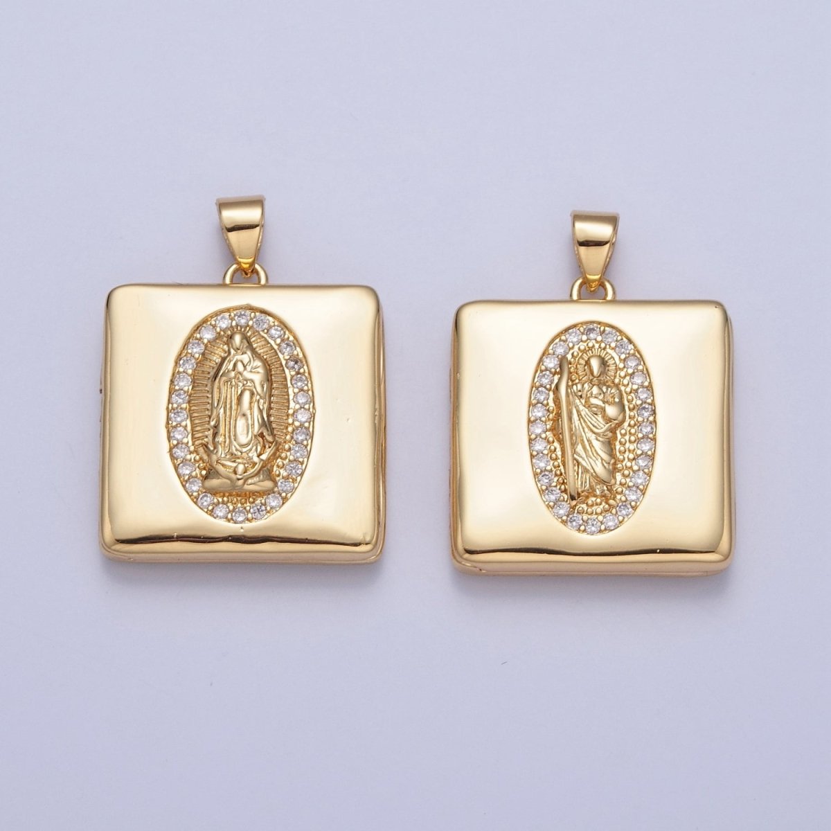 Gold Filled Saint Benedict / Virgin Mary Locket Square Tag Pendant, Micro Pave Clear Cubic Zirconia CZ Religious Jewelry H-088 H-089 - DLUXCA