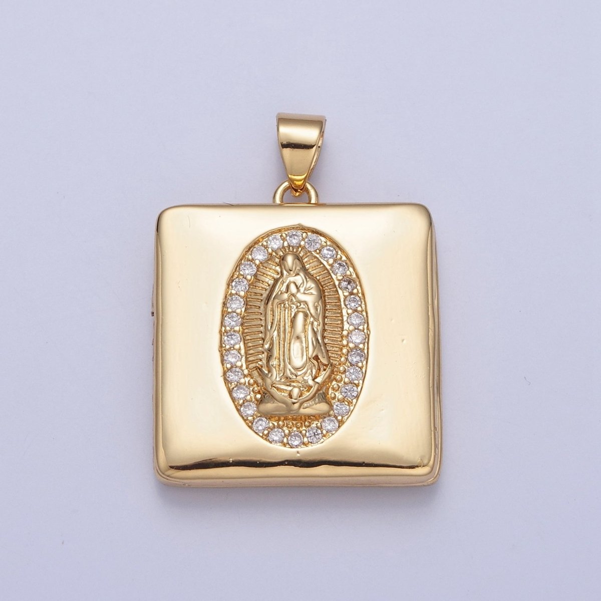 Gold Filled Saint Benedict / Virgin Mary Locket Square Tag Pendant, Micro Pave Clear Cubic Zirconia CZ Religious Jewelry H-088 H-089 - DLUXCA