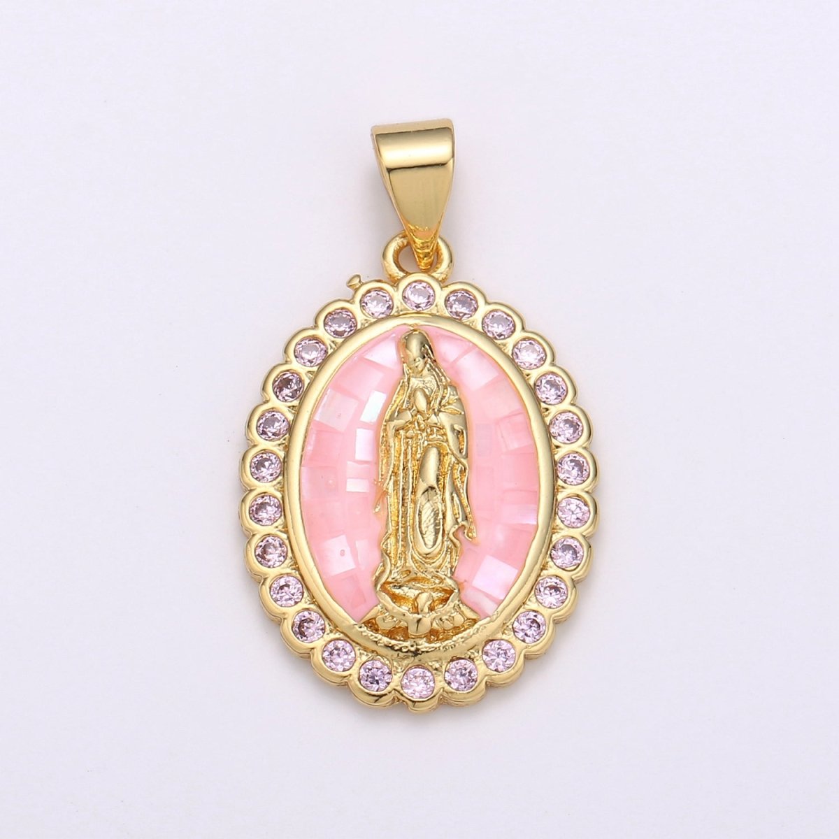 Gold Filled Shell Opal Miraculous Lady Guadalupe, Pink CZ Outline Virgin Mary Religious Oval Pendant in Gold & Silver H-057 H-059 H-172 I-778 N-583 N-584 N-621 X-479 X-480 X-481 - DLUXCA