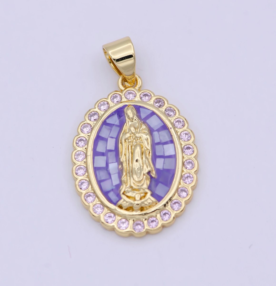 Gold Filled Shell Opal Miraculous Lady Guadalupe, Pink CZ Outline Virgin Mary Religious Oval Pendant in Gold & Silver H-057 H-059 H-172 I-778 N-583 N-584 N-621 X-479 X-480 X-481 - DLUXCA