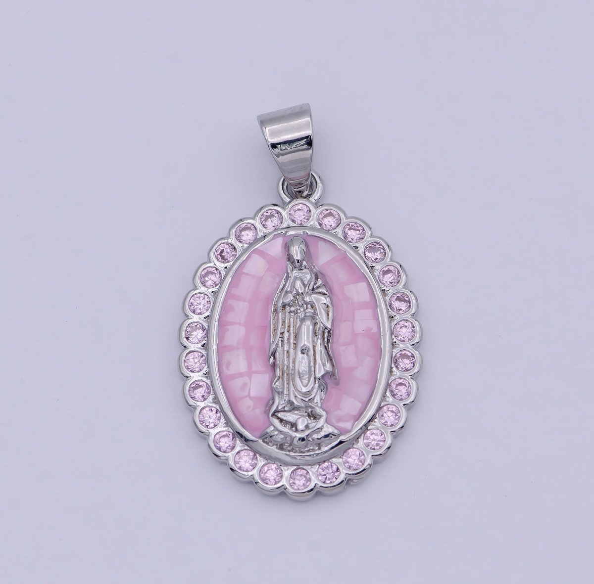 Gold Filled Shell Opal Miraculous Lady Guadalupe, Pink CZ Outline Virgin Mary Religious Oval Pendant in Gold & Silver H-057 H-059 H-172 I-778 N-583 N-584 N-621 X-479 X-480 X-481 - DLUXCA